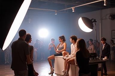 Commercial production scene with models and lights