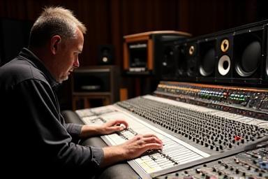 Audio engineer working at a sound mixing console